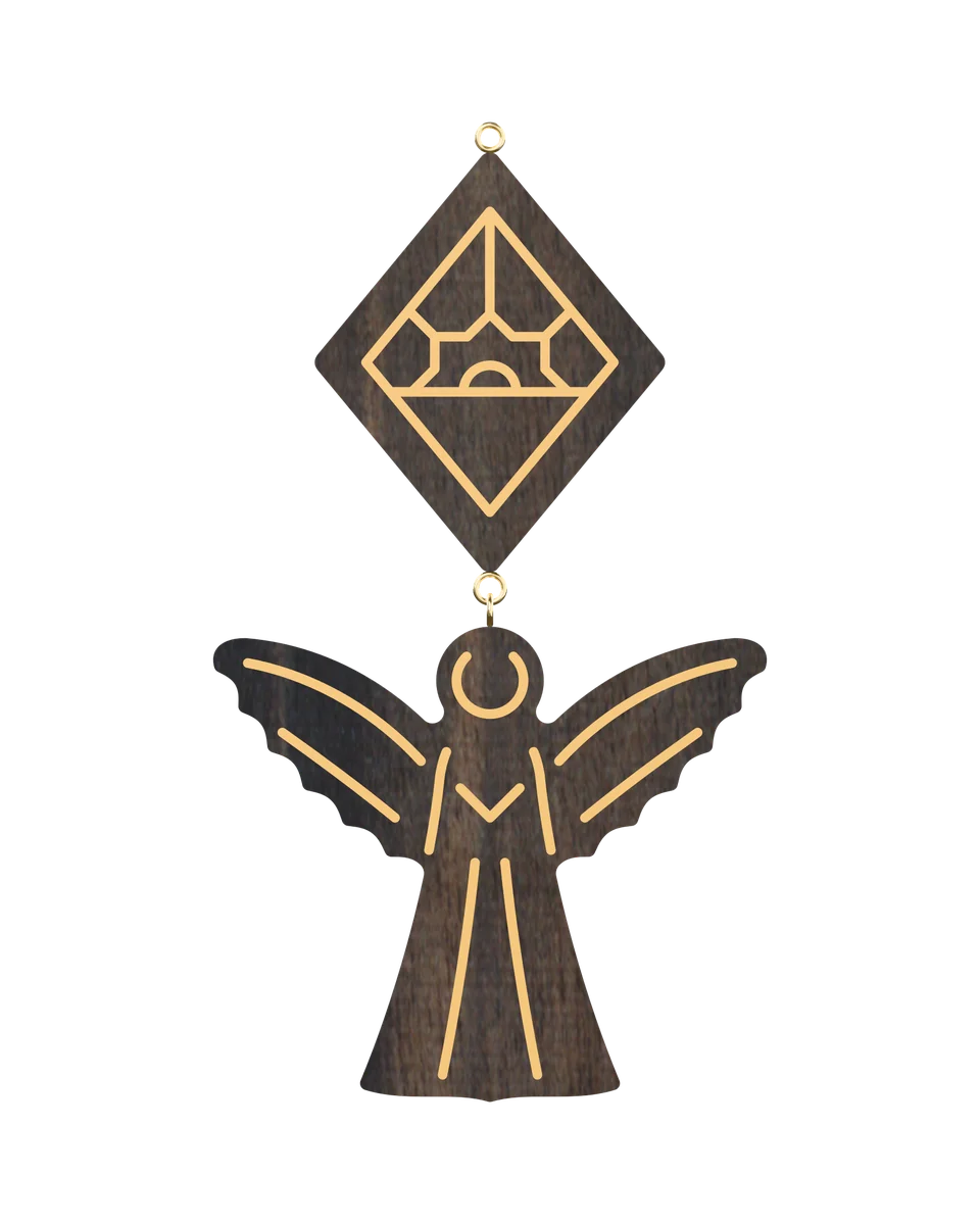 Christmas Angel earrings in Ebony with hand-set brass lines, front view (3D render)