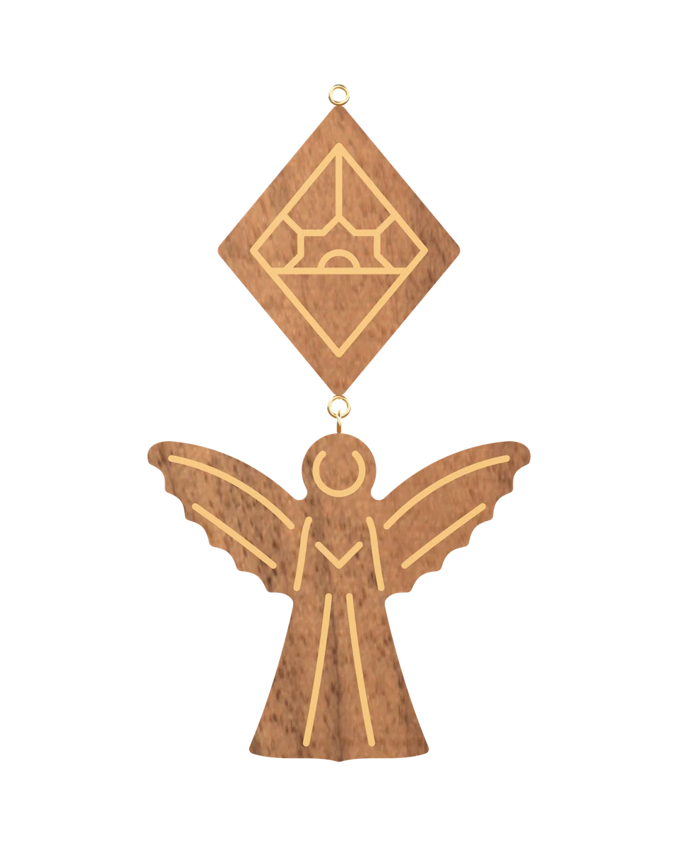 Christmas Angel earrings in Ebony with hand-set brass lines, front view (3D render)