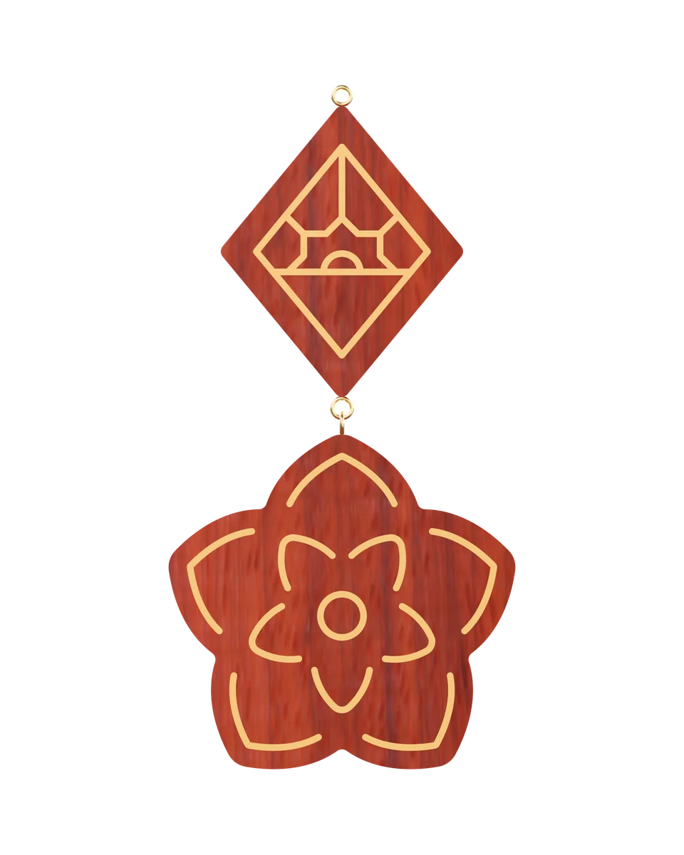 Christmas Rose earrings in Padauk with hand-set brass lines, front view (3D render)