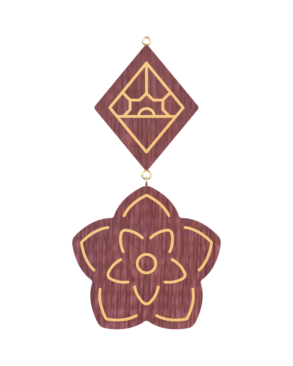 Christmas Rose earrings in Padauk with hand-set brass lines, front view (3D render)