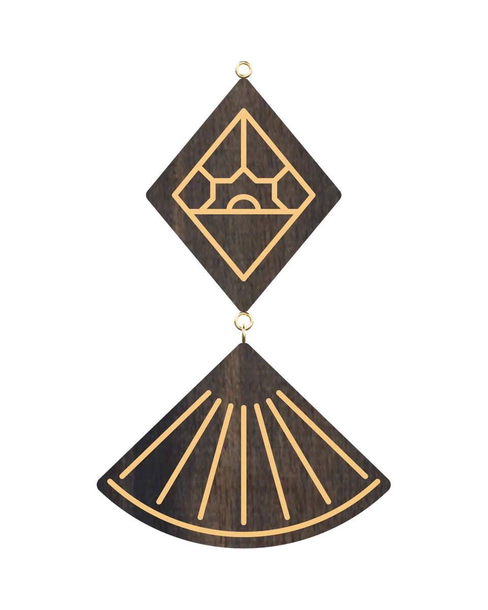 Frost Fan earrings in Ziricote with hand-set brass lines, front view (3D render)