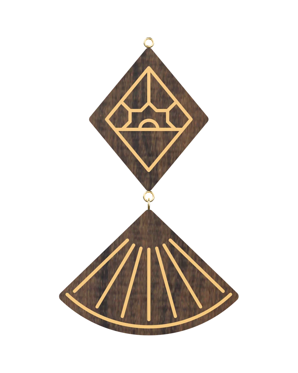 Frost Fan earrings in Ziricote with hand-set brass lines, front view (3D render)