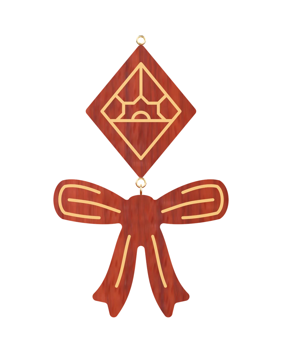 Ribbon Bow earrings in Padauk with hand-set brass lines, front view (3D render)