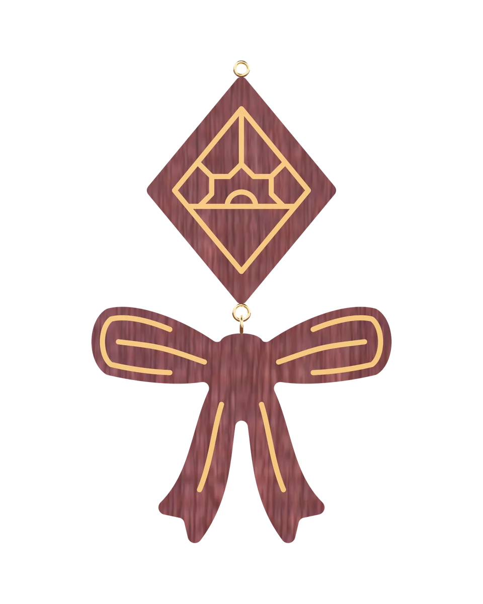 Ribbon Bow earrings in Padauk with hand-set brass lines, front view (3D render)