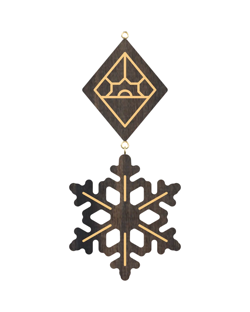Snow Crystal earrings in Ebony with hand-set brass lines, front view (3D render)