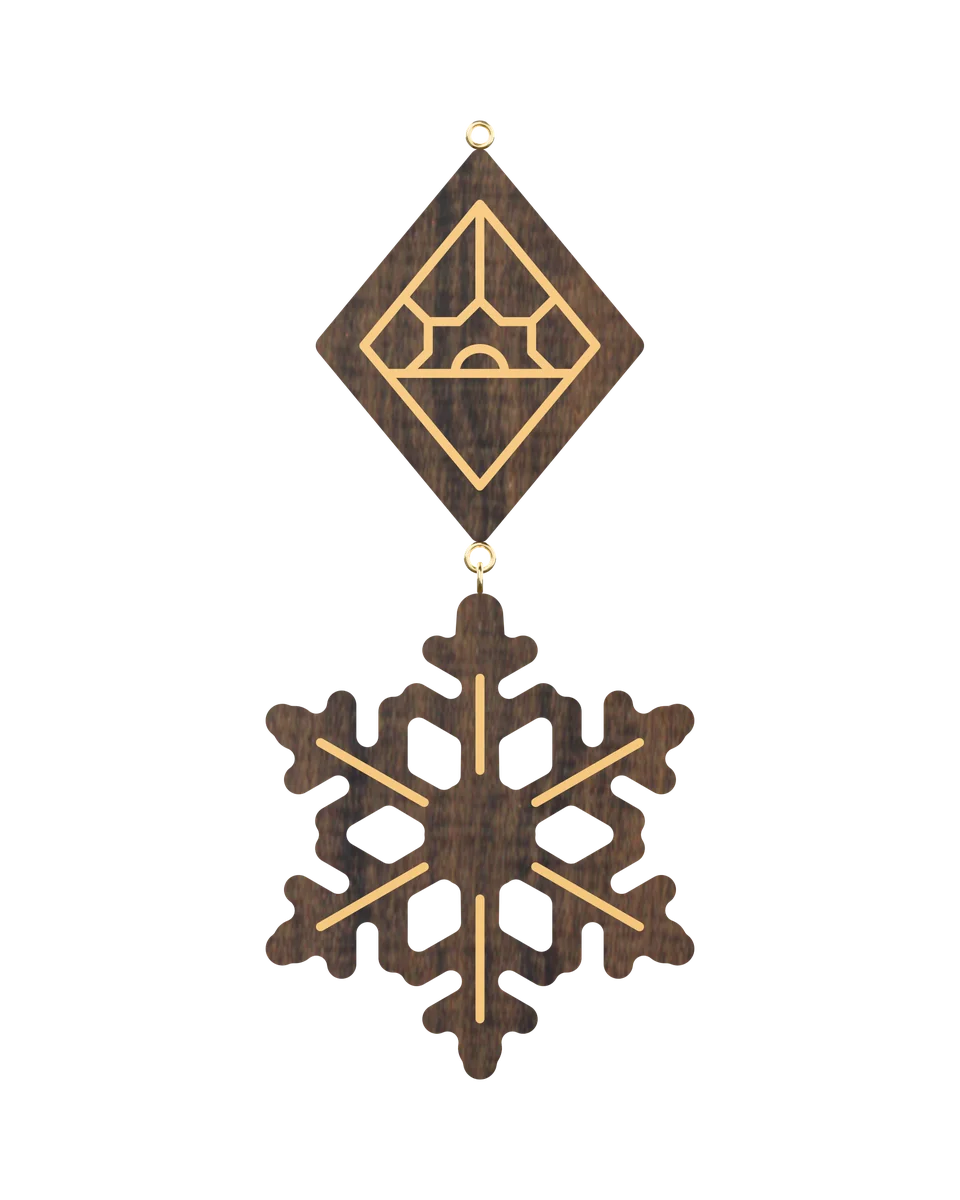 Snow Crystal earrings in Ebony with hand-set brass lines, front view (3D render)