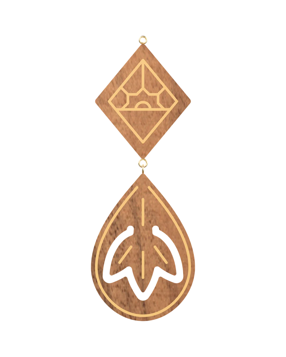 Snowdrop in Ice earrings in European Walnut with hand-set brass lines, front view (3D render)